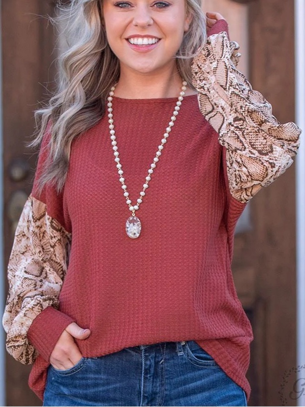 Women's Red Top with Snake Print Sleeves